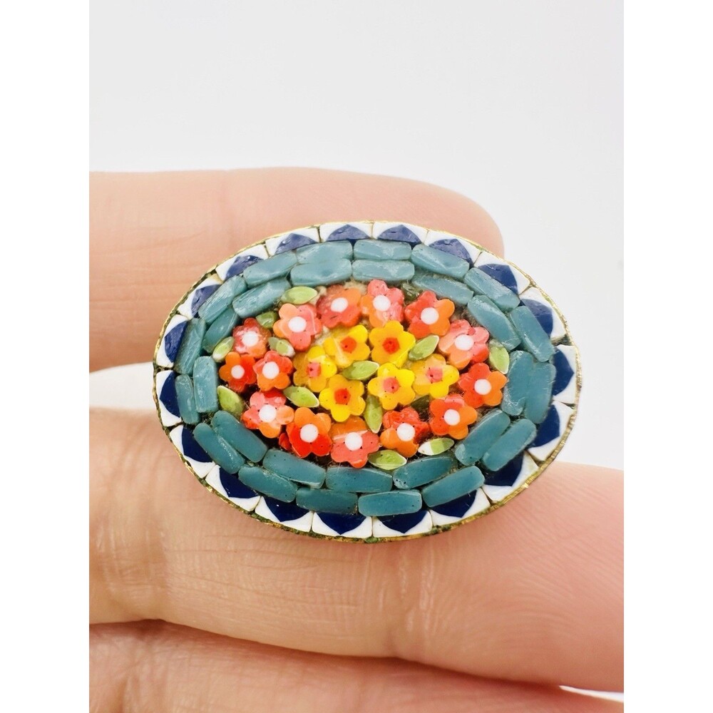 Vintage Italian Micro Mosaic Orange Floral Oval Brooch Gold Tone